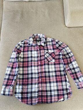 Banana Republic Factory Boyfriend Fit Blue White Pink Plaid Flannel Shirt-Small